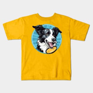 border collie playing with a yellow frisbee Kids T-Shirt